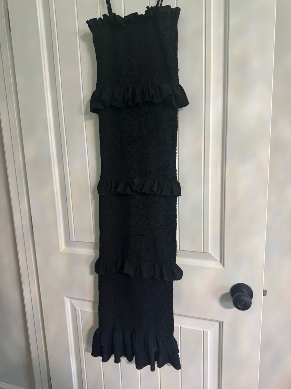 Smocked Ruffle-Tiered Midi Dress in Black - Picture 3 of 7